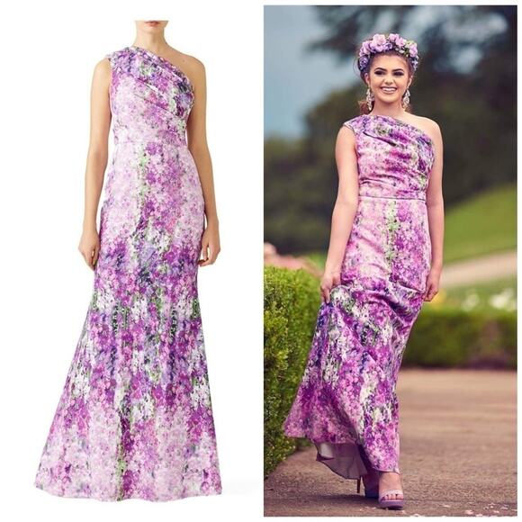 Badgley Mischka One Shoulder Purple Orchid Floral Gown Size 0 - Picture 1 of 15